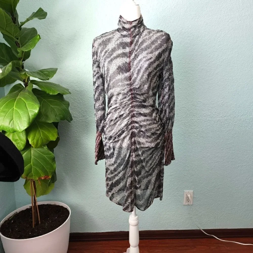 Rag and bone silk turtleneck long sleeve rushed bottom back zipper mini dress